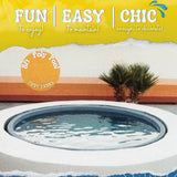 Promotional image for a poly stock tank pool package showing a stock tank pool with a tropical-themed decoration and text that highlights the product features.
