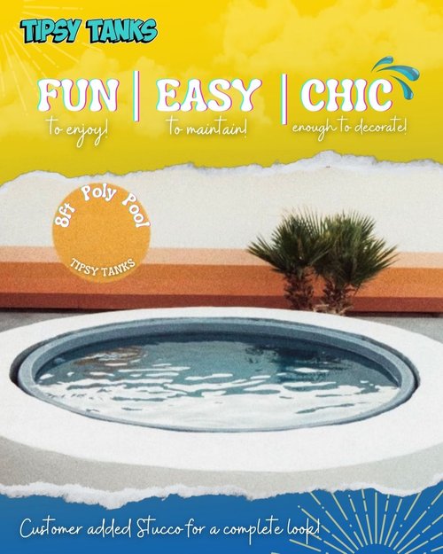 Promotional image for a poly stock tank pool package showing a stock tank pool with a tropical-themed decoration and text that highlights the product features.