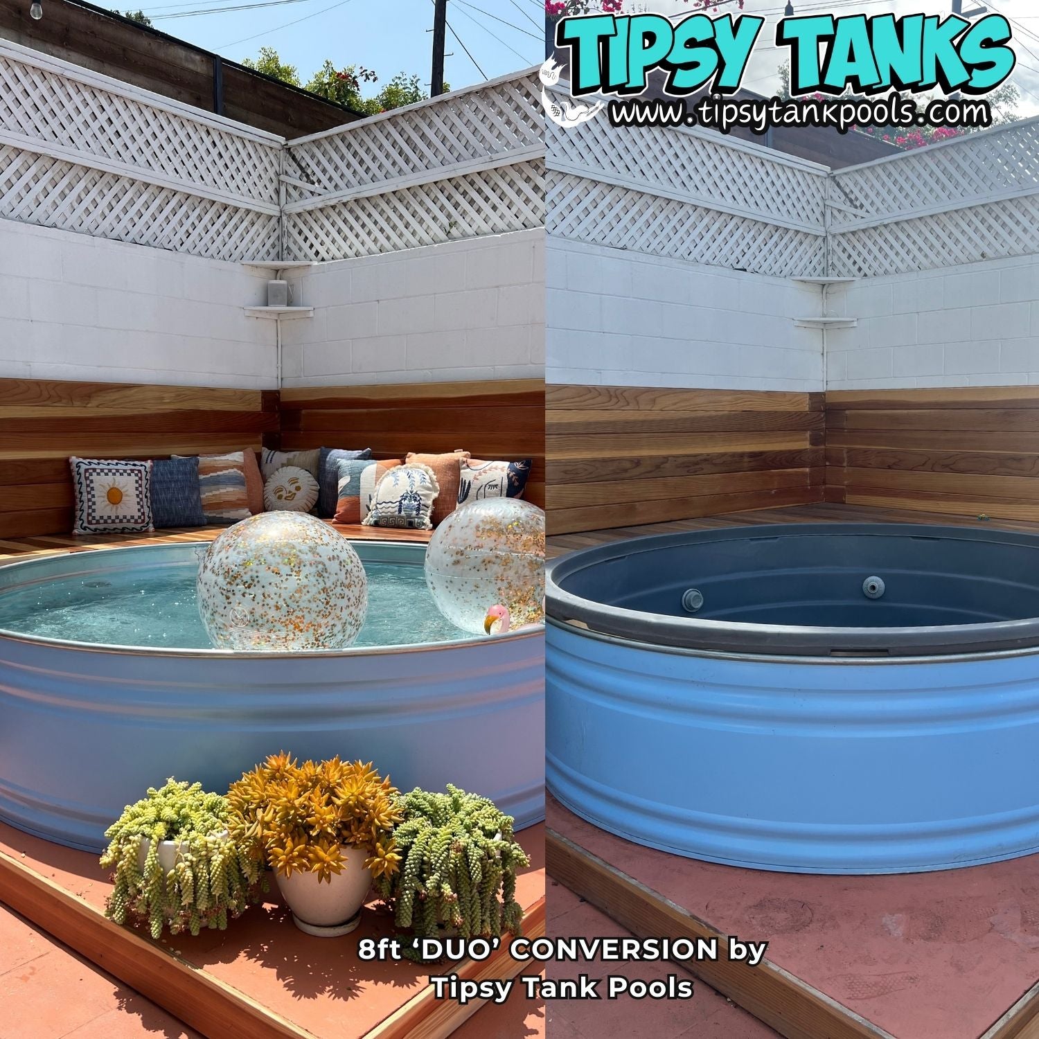 Two views of a 8ft 'DUO' conversion pool by Tipsy Tank Pools with decorative elements.