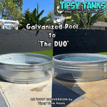 Two galvanized pools labeled 'The DUO' with Tipsy Tanks branding.