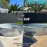 Two galvanized pools labeled 'The DUO' with Tipsy Tanks branding.