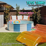"cowboy" pool by Tipsy Tanks with blue and white stripes and inflatable lounge in a backyard setting.