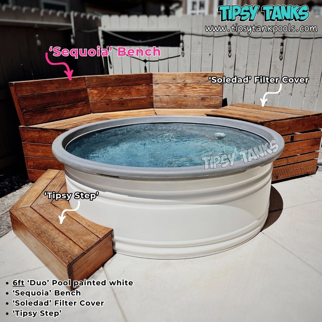 small stock tank pool with labeled components including 'Sequoia' bench, 'Soledad' filter cover, and 'Tipsy Step'.