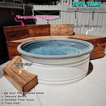 small stock tank pool with labeled components including 'Sequoia' bench, 'Soledad' filter cover, and 'Tipsy Step'.