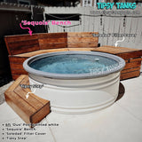 small stock tank pool with labeled components including 'Sequoia' bench, 'Soledad' filter cover, and 'Tipsy Step'.